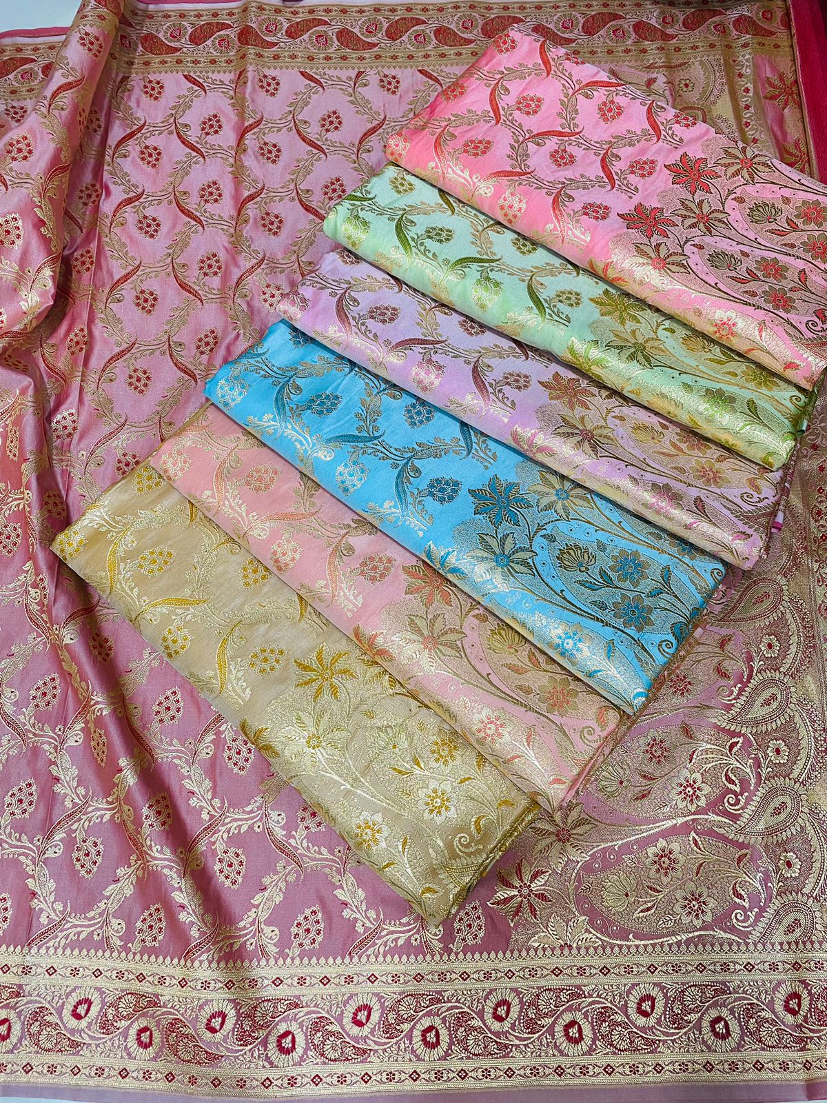Ahamaura Banarasi Kataan Gold Zari Wave Silk Saree